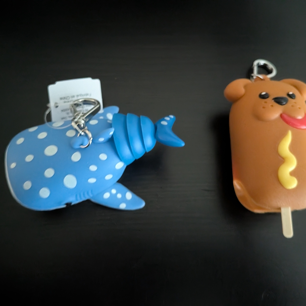 Blue Whale Shark and Brown Corn Dog BBW Sanitizer Holder Keychains